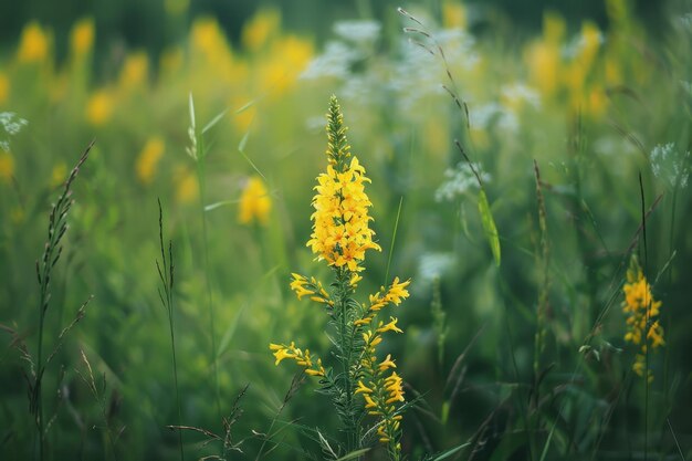 Photo goldenrod flower in field of green grass with wild flowers as backdrop showcasing the beauty of summer nature