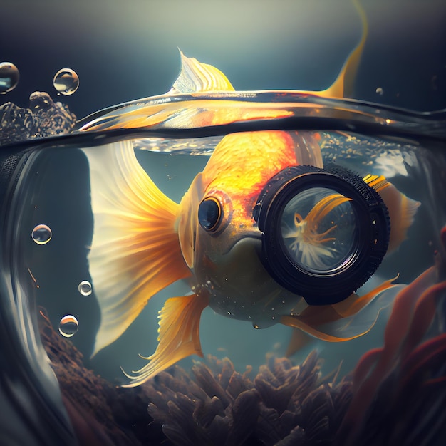 Goldfish in the aquarium 3D illustration Vintage style