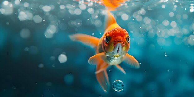 Goldfish blowing bubbles in tank with water streaming from its mouth Concept Aquatic Life Goldfish Behavior Underwater World Peculiar Fish Expressions