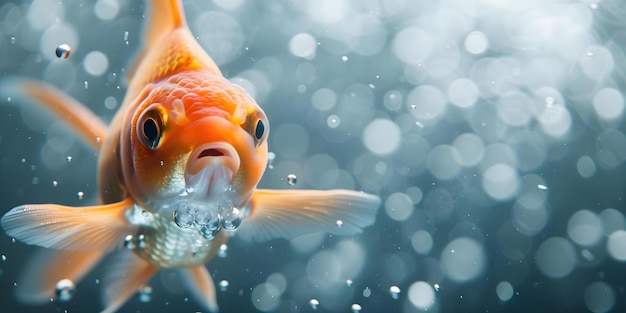 Goldfish blowing bubbles in tank with water streaming from its mouth Concept Aquatic Life Goldfish Behavior Underwater World Peculiar Fish Expressions