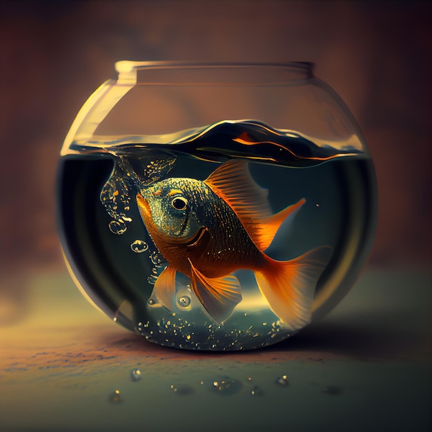 Goldfish in a bowl of water 3d illustration Vintage style