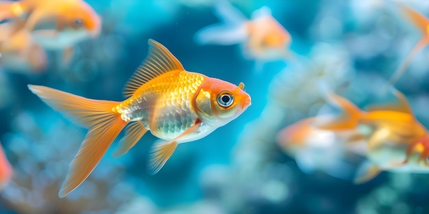 Goldfish elegantly navigate vibrant coral reef in the underwater realm Concept Underwater Photography Marine Wildlife Coral Reef Ecosystem Goldfish Behavior Underwater Habitat