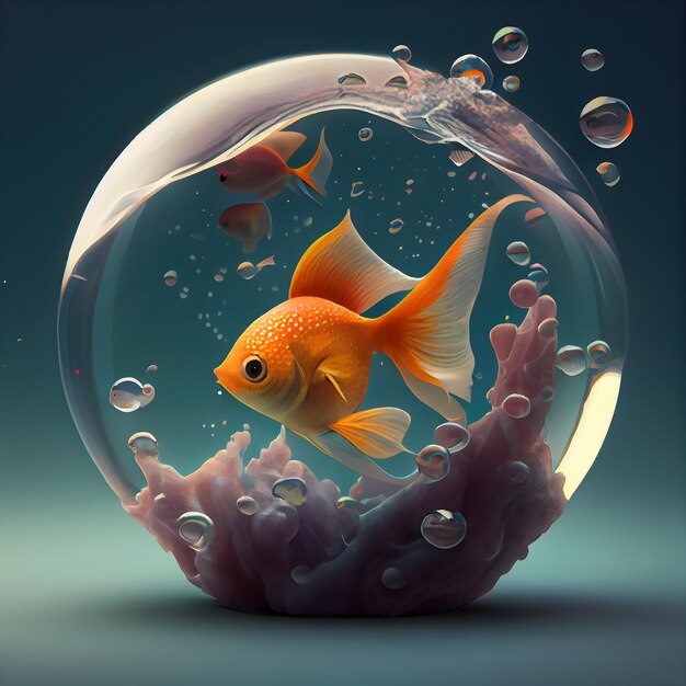 Goldfish in a fishbowl 3d illustration Conceptual image