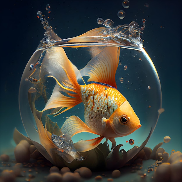 Goldfish in a fishbowl with water drops 3d rendering