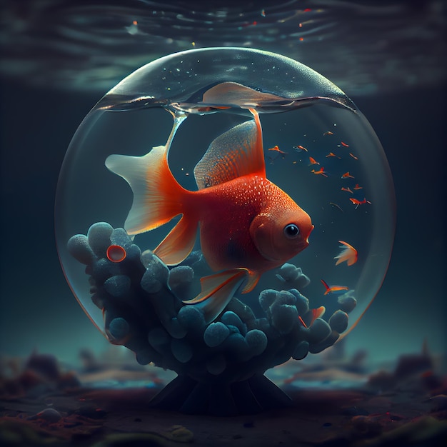 Goldfish in a glass aquarium 3d rendering Computer digital drawing