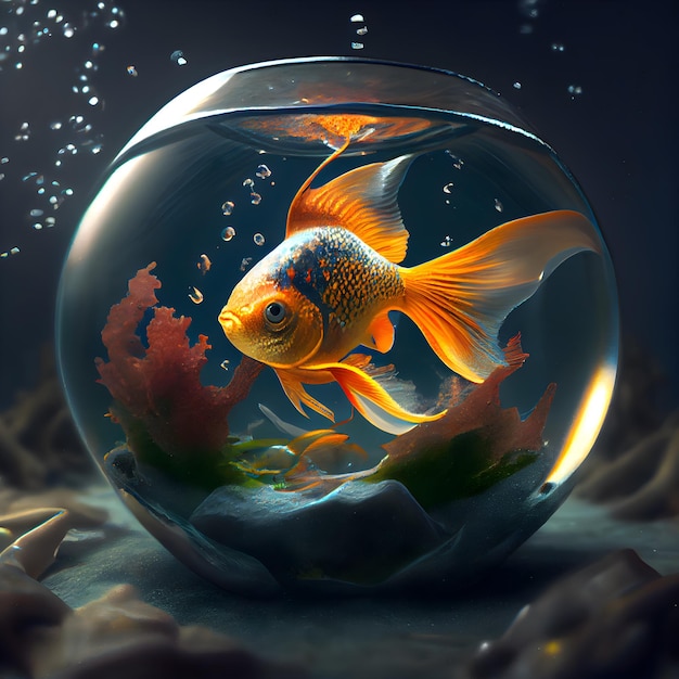 Goldfish in a glass aquarium with seaweed 3d rendering