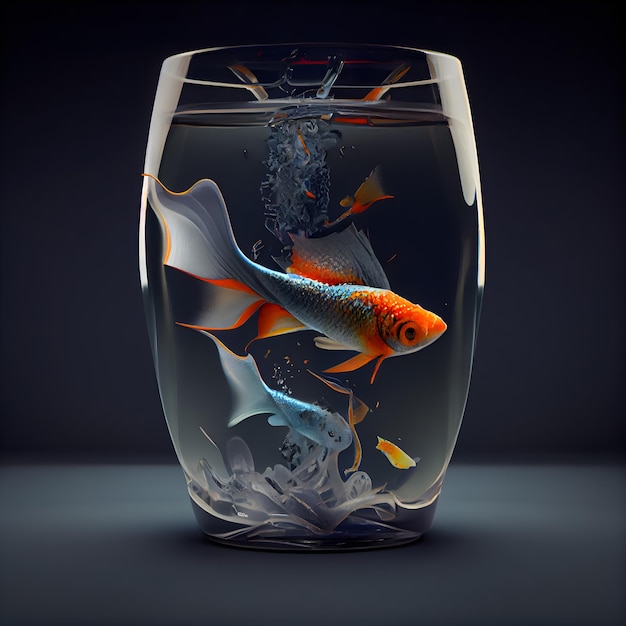 Goldfish in a glass vase on a black background 3d rendering