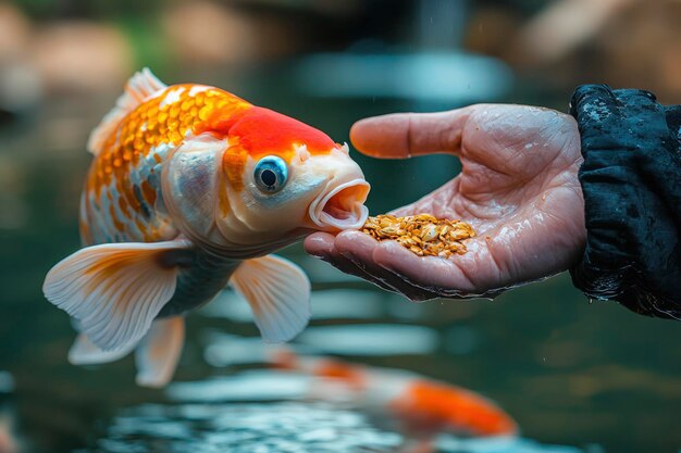 Photo goldfish reaching up to grab food from hand