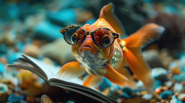 Photo goldfish reading a book