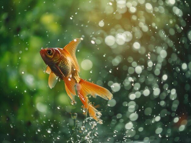 Goldfish Rising above Water display of vitality a vibrant goldfish soars above the water39s surface surrounded by a dance of sparkling droplets against a backdrop of a sunlit verdant environment