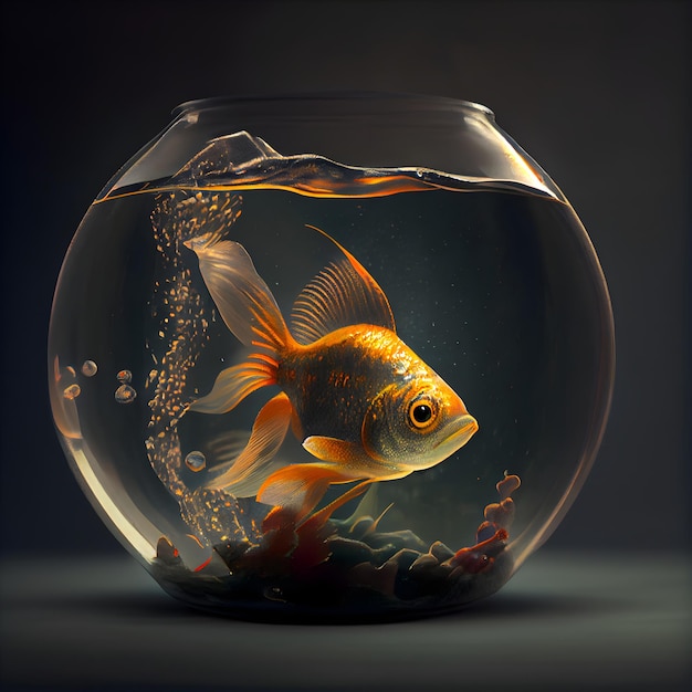 Goldfish in a round aquarium with stones on a dark background