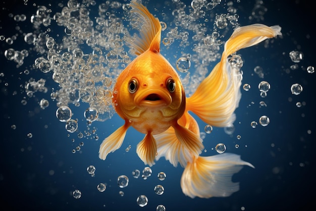 A goldfish surrounded by swirling bubbles in a clear aquarium