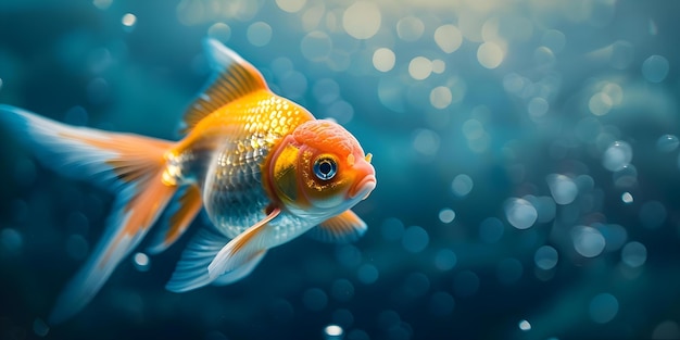 Goldfish swimming in dark blue sea with bubbles and corals Concept Underwater Photography Marine Life Aquatic Ecosystems Ocean Exploration Underwater Creatures