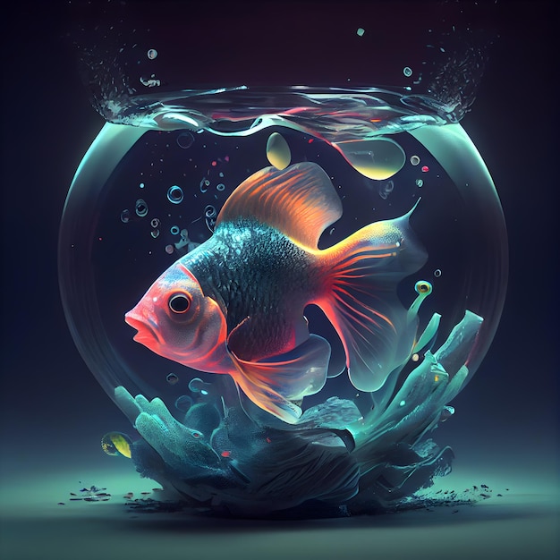 Goldfish swimming in a fish bowl 3D rendered illustration