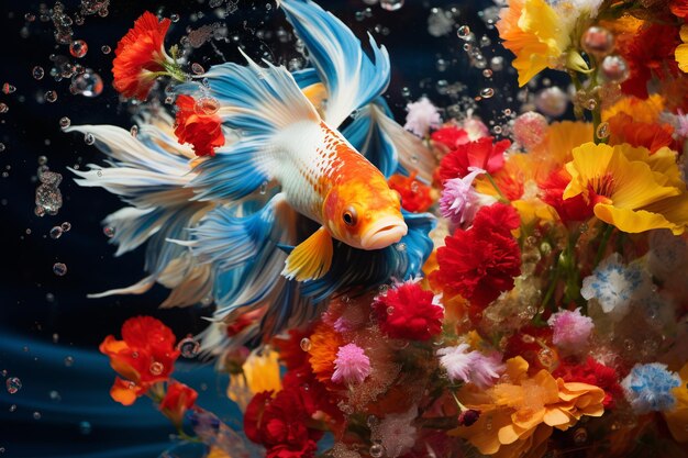 A goldfish swimming in a pond filled with golden leaves