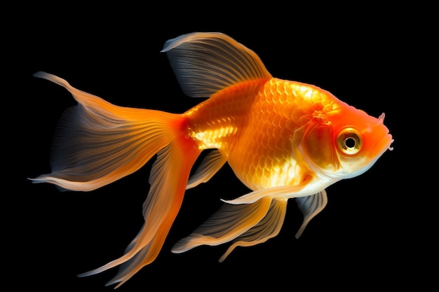 a goldfish swimming in a tank with a black background