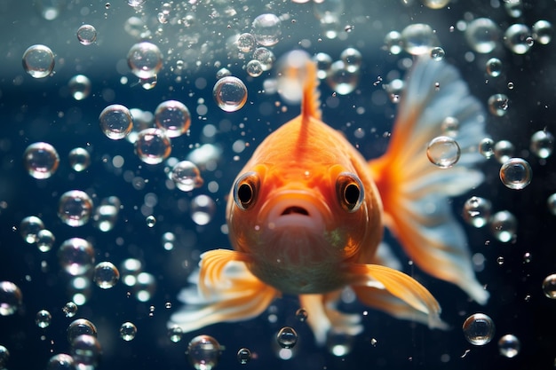 Goldfish in a water tank with bubbles