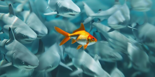 Goldfish Wearing Shark Costume Fearlessly Navigates Ocean Among Larger Sharks Concept Underwater Adventures Animal Costumes Fearless Goldfish Ocean Exploration Shark Encounters