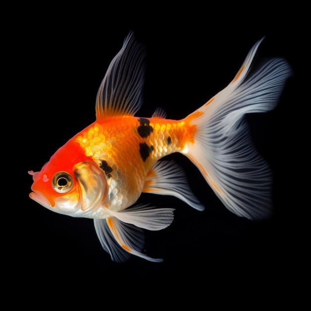 A goldfish with black and white markings and black spots is shown.