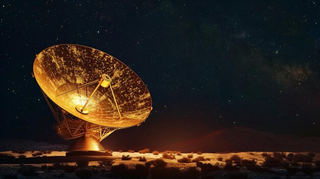 Photo a goldplated satellite dish illuminated under a starry night sky symbolizing hightech