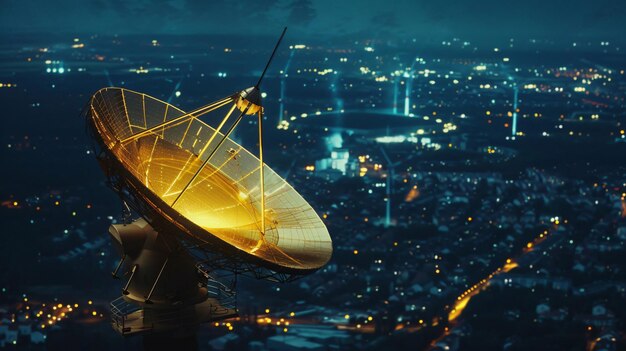 Photo a goldplated satellite dish illuminated under a starry night sky symbolizing hightech