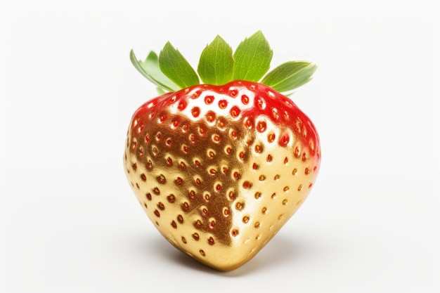 Goldtoned strawberry with vivid red details on white background ideal for unique culinary presentations or design elements in food styling