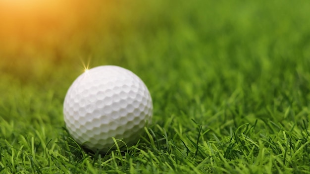 Golf ball close up on grass on blurred beautiful landscape of golf background