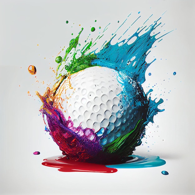 Golf ball or golfball with abstract paint splash 3d render illustration