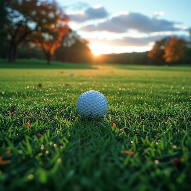 a golf ball on the grass with the sun setting behind it