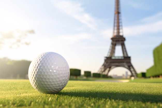 a golf ball on grass with a tower in the background