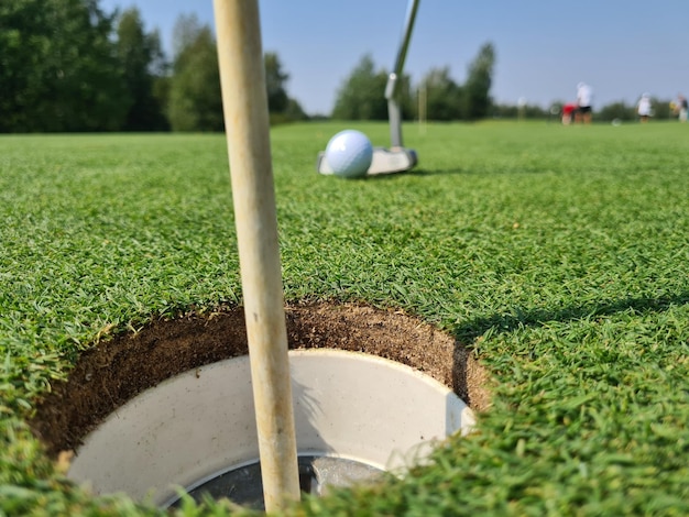 Golf ball on green grass with golf ball closeup Sports ground for golf club concept