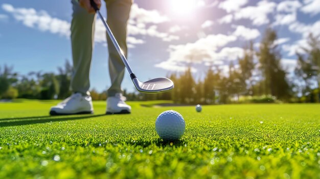 golf ball on the green with a man holding a golf club