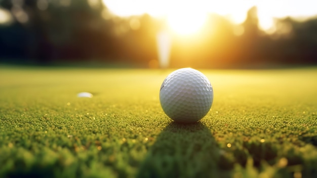 Golf ball on the green with the sun setting behind it