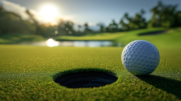 golf ball on the green with sun setting behind it