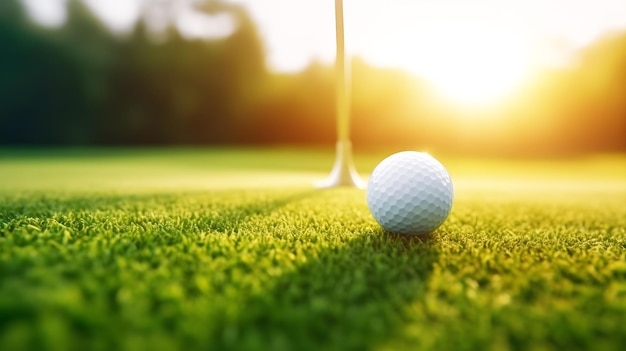 Golf ball on the green with the sun shining on it