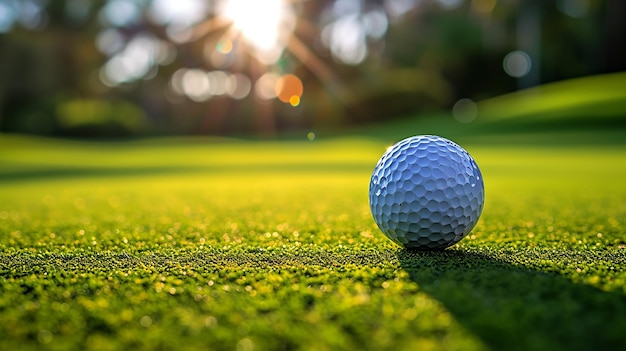 golf ball on the green with sunlight in the background