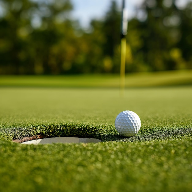 a golf ball is on the green and the golf ball is about to be hit