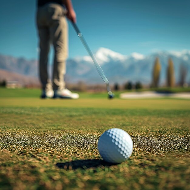 a golf ball is on the green and the man is holding a golf club