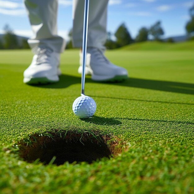 Photo a golf ball is stuck in a hole with a man standing on the green