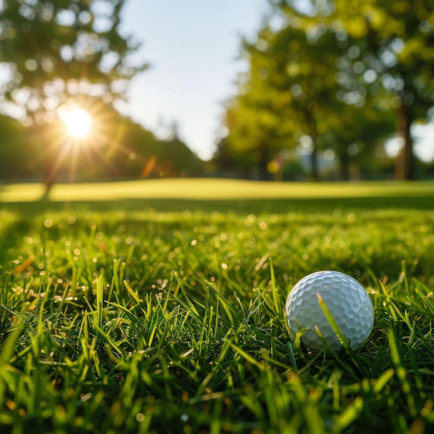 Photo golf ball on a lush green course with sun shining in the background