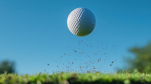 Photo a golf ball in midair with grass and soil particles flying around it