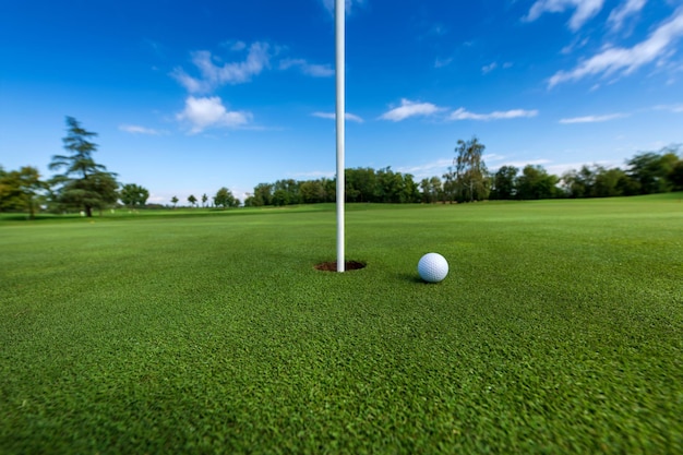 Golf ball near hole in field