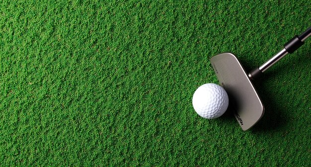 a golf ball sits on a green grass with a golf club in the background