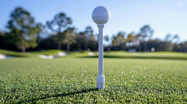 a golf ball sits on the tee of a golf course