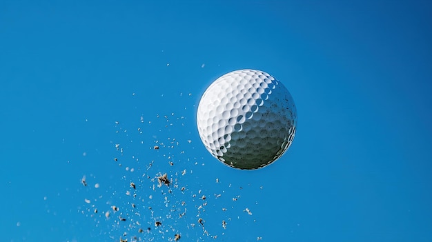 Photo a golf ball soaring through the air surrounded by flying sand particles