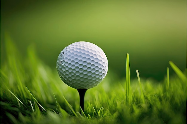 Golf ball on tee with grass and green blurred background