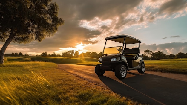 A Golf car Golf cart car in fairway of golf course with fresh green grass field and cloud sky and tree at sunset Generative Ai