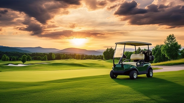 A Golf car Golf cart car in fairway of golf course with fresh green grass field and cloud sky and tree at sunset Generative Ai