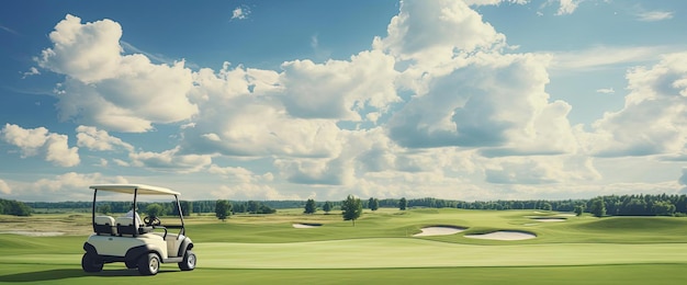 golf cart on the edge of a green course with clouds coming up in the style of neoclassicist symmetr