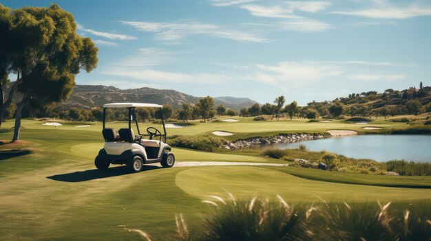 Photo golf cart on a golf course with beautiful landscape vintage tone